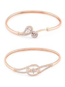 Set of 2 Rose Gold Cubic Zirconia Contemporary Brass Kada Bracelets For Women