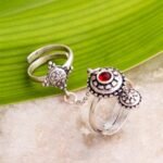 Brass Silver Oxidised Adjustable Two Finger Ring with Red Stone for Women and Girls - Image 2