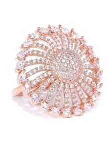American Diamond Ring for Women | Round Flower Design | Rose Gold Ring (Plated) | Adjustable Fit | Oversized Cocktail Ring for Girls for Wedding & Parties