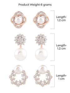 Combo of 3 Cubic Zirconia & Pearls Contemporary Stud Earrings For Women - Image 3