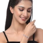 Rhodium-Plated Silver Toned American Diamond studded Floral Shaped Link Bracelet Jewellery for Girls and Women - Image 2