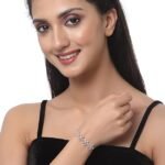Rhodium-Plated Silver Toned American Diamond studded Floral Shaped Link Bracelet Jewellery for Girls and Women - Image 3