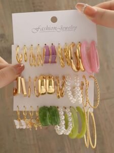 18 pairs Combo Celebrity Inspired Trendy Latest Stylish Gold Plated Crystal Pearl Hoop and Butterfly Drop Earrings for Women and Girls - Image 6