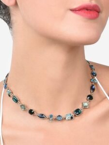 Green & Blue Dazzling Stones Embellished Contemporary Necklace For Women