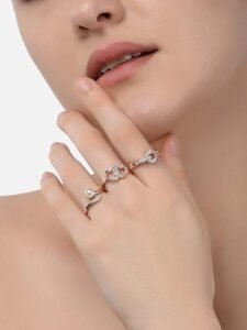 Set of 3 Rose Gold Contemporary Cubic Zirconia Brass Adjustable Rings For Women - Image 4