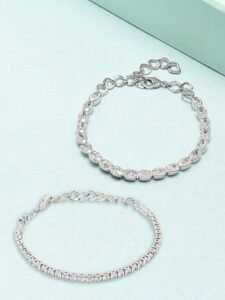 Set of 2 Silver Tone Contemporary Cubic Zirconia Brass Tennis Bracelets For Women - Image 7