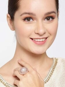 American Diamond Ring for Women | Round Flower Design | Rose Gold Ring (Plated) | Adjustable Fit | Oversized Cocktail Ring for Girls for Wedding & Parties - Image 5