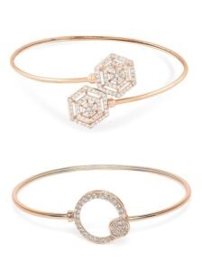 Set of 2 Rose Gold Contemporary Cubic Zirconia Brass Kada Style Bracelet For Women
