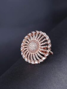 American Diamond Ring for Women | Round Flower Design | Rose Gold Ring (Plated) | Adjustable Fit | Oversized Cocktail Ring for Girls for Wedding & Parties - Image 4