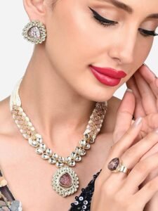 Pink Purple Stones Embellished Kundan Necklace Earring & Ring Set For Women - Image 5