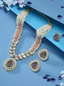 Pink Purple Stones Embellished Kundan Necklace Earring & Ring Set For Women - Image 4
