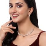 Rhodium Plated Silver Toned White American Diamond Studded Necklace With Earring Jewellery Set For Woment and Girl - Image 3
