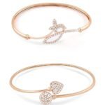 2 Rose Gold Contemporary Cubic Zirconia Brass Kada Style Bracelet For Women